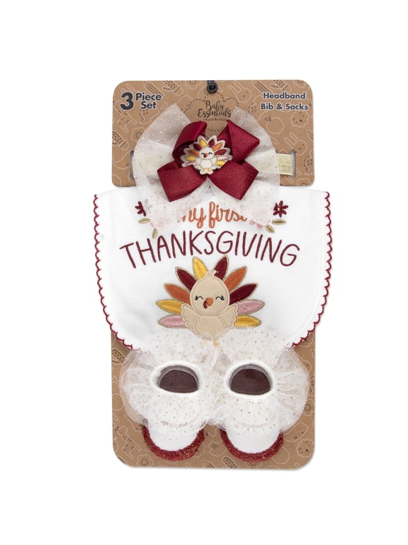 Baby Bib, Booties & Headband Gift Set – Thanksgiving Accessory Gift for Newborns & Infants (White Red My First Thanksgiving, 0-12 months)