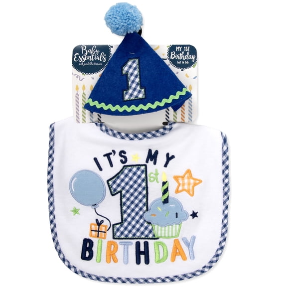 Baby Essentials Baby Boy 1st Birthday Bib and Party Hat Set – Blue Gingham “It’s My 1st Birthday” Design, Perfect for Photos & Gifts