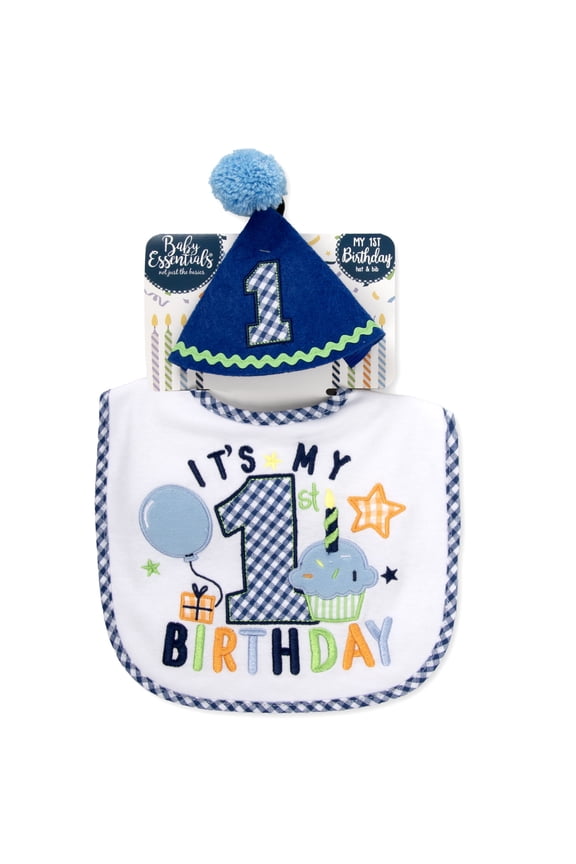 Baby Boy 1st Birthday Bib and Party Hat Set – Blue Gingham “It’s My 1st Birthday” Design, Perfect for Photos & Gifts