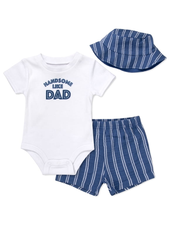 Baby Boy 3 Piece Outfit Set with Bucket Hat, Spring & Summer Travel Baby Outfit Gift Set (3 months,Handsome Like Dad Blue Stripes)