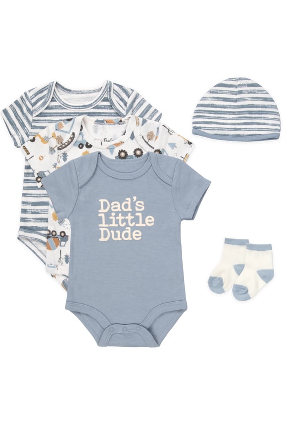Baby Boy 5 Piece Bodysuit Set, Cotton Blend Rompers with Matching Hat and Socks, Baby Outfit Gift, (3 months,Dad's Little Dude Blue Multi)