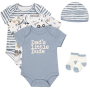 Baby Essentials Baby Boy 5 Piece Bodysuit Set, Cotton Blend Rompers with Matching Hat and Socks, Baby Outfit Gift, (6 months,Dads Little Dude Blue Multi)