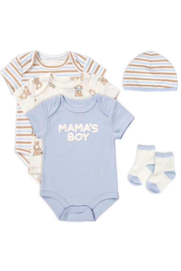 Baby Boy 5 Piece Bodysuit Set, Cotton Blend Rompers with Matching Hat and Socks, Baby Outfit Gift, (3 months,Mama's Boy Blue Multi)