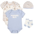 thumbnail image 1 of Baby Essentials Baby Boy 5 Piece Bodysuit Set, Cotton Blend Rompers with Matching Hat and Socks, Baby Outfit Gift, (6 months,Mama's Boy Blue Multi), 1 of 6