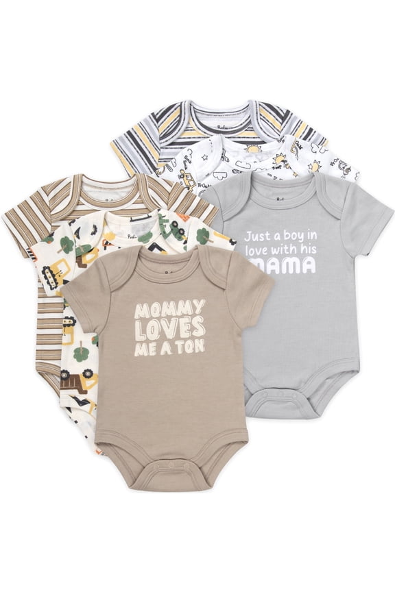 Baby Boy 6 Pack Short Sleeve Bodysuit Romper, Baby Outfit Set (Newborn,Mommy Loves Me a Ton Grey Neutral)