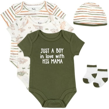 Baby Essentials Baby Boys 6 Months Just a Boy in Love 5 Piece Bodysuit Set Containing 3 Short Sleeve Bodysuits, 1 Cap & Pair of Socks