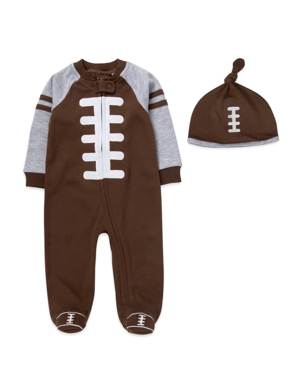 Baby Football Footie Bodysuit & Hat 2 Piece Set – Zip-Up Outfit for Infants (Brown Football, 3 months)