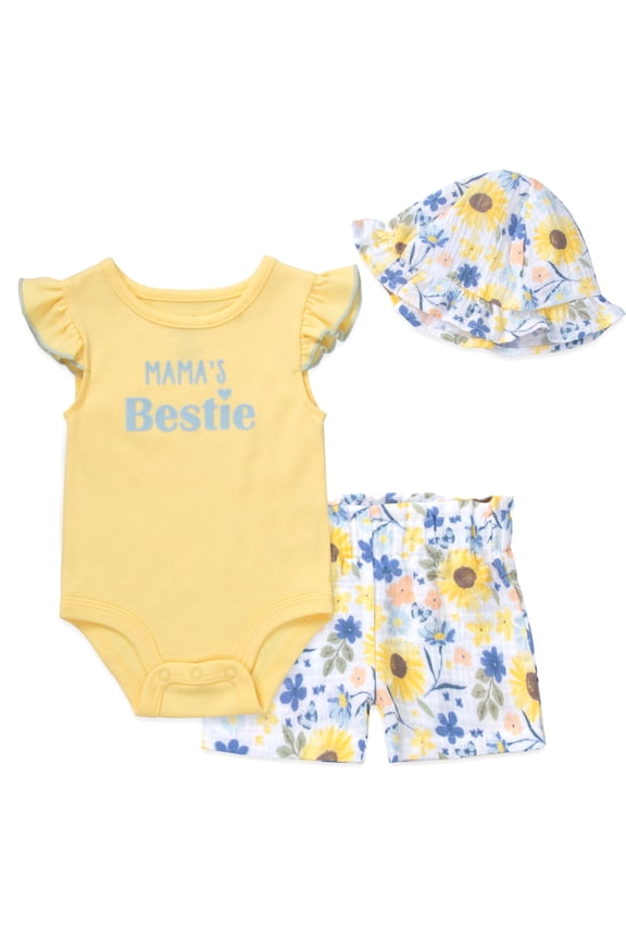 Baby Girl 3-Piece Layette Set, Bodysuit, Floral Shorts & Sun Bucket Hat, Spring Summer Vacation Outfit, (Mama's Bestie Yellow, 3 months)