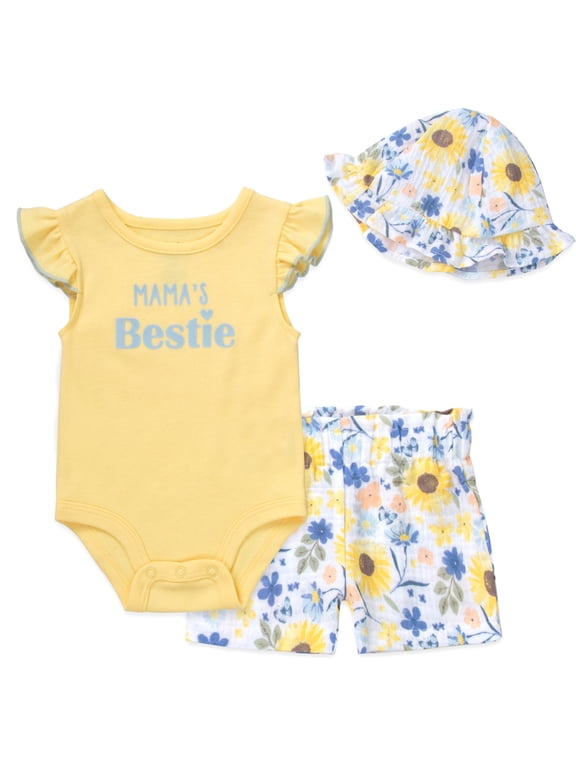 Baby Girl 3-Piece Layette Set, Bodysuit, Floral Shorts & Sun Bucket Hat, Spring Summer Vacation Outfit, (Mama's Bestie Yellow, 3 months)