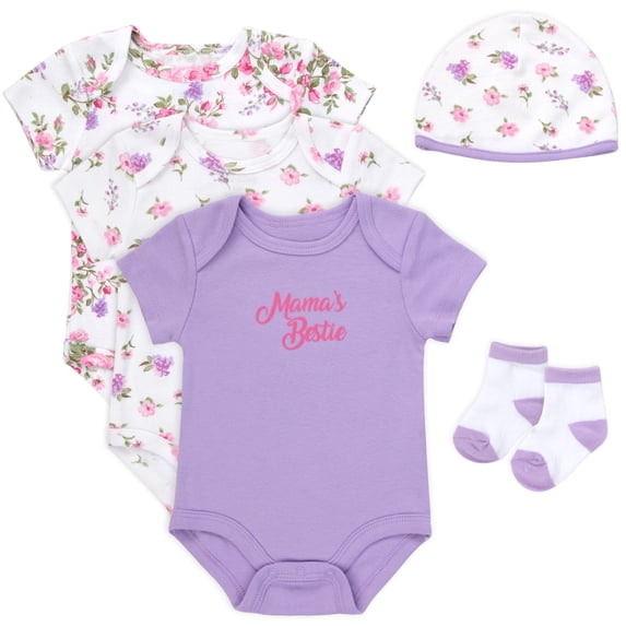 Baby Essentials Baby Girl 5 Piece Bodysuit Romper Set, Floral Baby Outfit Gift Set, (6 months,Mama's Bestie Purple Floral)