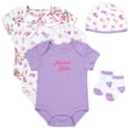 thumbnail image 1 of Baby Essentials Baby Girl 5 Piece Bodysuit Romper Set, Floral Baby Outfit Gift Set, (9 months,Mama's Bestie Purple Floral), 1 of 6