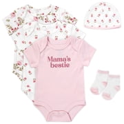 Baby Essentials Baby Girl 5 Piece Bodysuit Romper Set, Floral Baby Outfit Gift Set, Newborn,Mamas Bestie Pink Floral