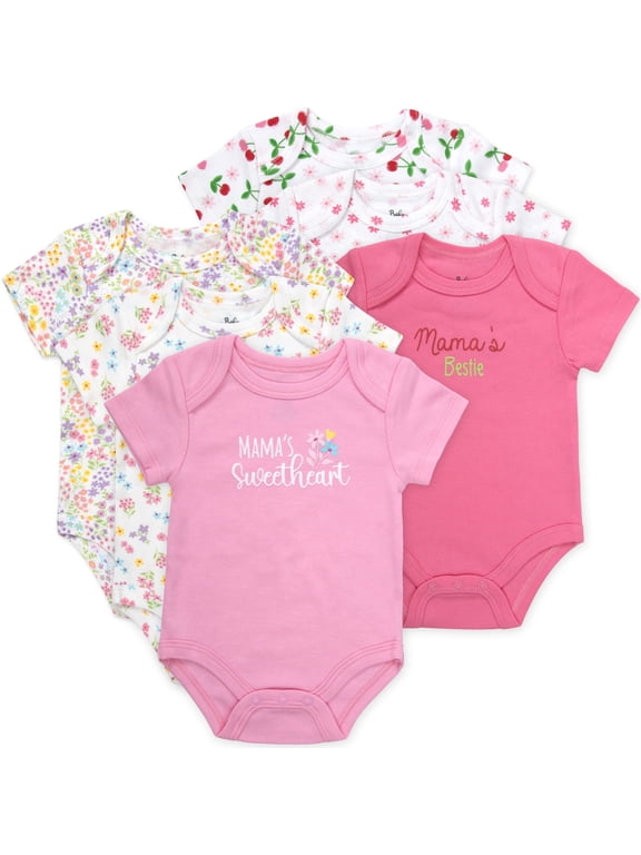 Baby Girl 6 Pack Short Sleeve Bodysuit Romper, Baby Outfit Set, (3 months,Mama's Sweetheart Floral Print)