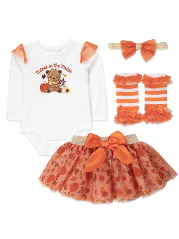 Baby Girl Pumpkin Outfit 4-Piece Set – Long Sleeve Bodysuit, Tutu Skirt, Leg Warmers & Bow Headband (Orange Cutest In The Patch, 3 months)