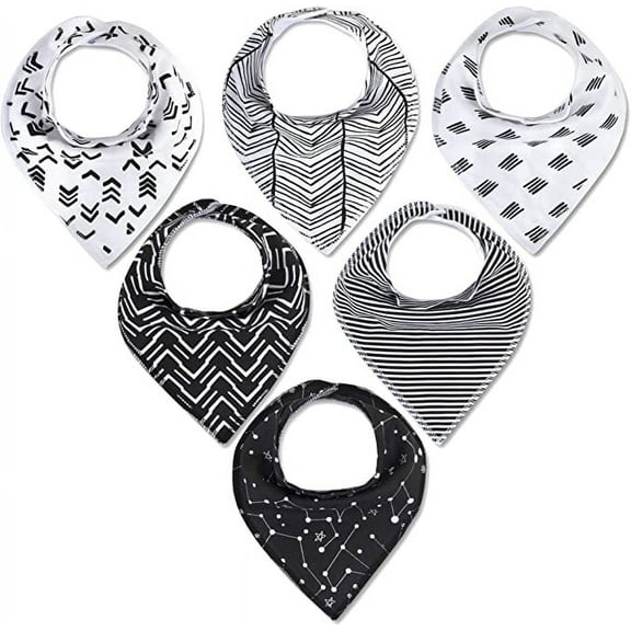 Baby Essentials Boys 6 Pack of Adjustable, Waterproof, Neck Snap Closure Bandana Shaped Baby Feeding Drool Bibs in Black and White Geometric Patterns