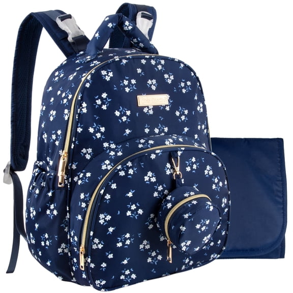 Baby Essentials Diaper Bag Backpack for Newborns, Infants, Toddlers (Matching Changing Pad, Pacifier Pouch, Insulated Bottle Pockets, Stroller Straps) Navy Blue Floral