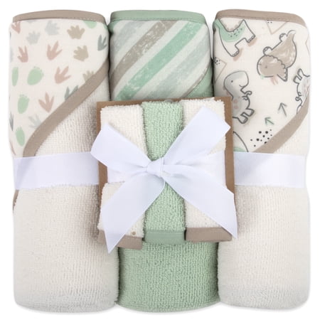 Baby Essentials 6 Piece Hooded Bath Towel Washcloth Set for Infant, Newborns, Toddlers 3 – 24 Months for Bath Time, Showers, Lounge, Beach, Pool in Dinosaurs & Stripes