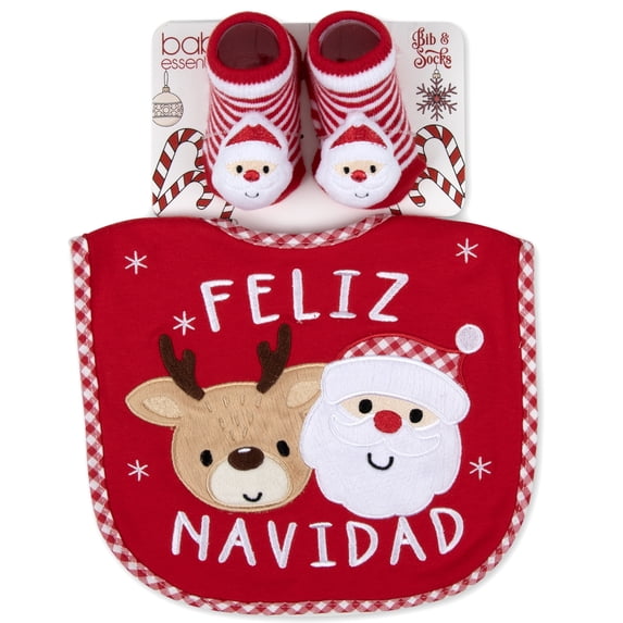 Baby Essentials Feliz Navidad Christmas Bib Set for Baby Boys & Girls, Holiday Bibs with Bootie Socks, Christmas Baby Gift Set (Red)