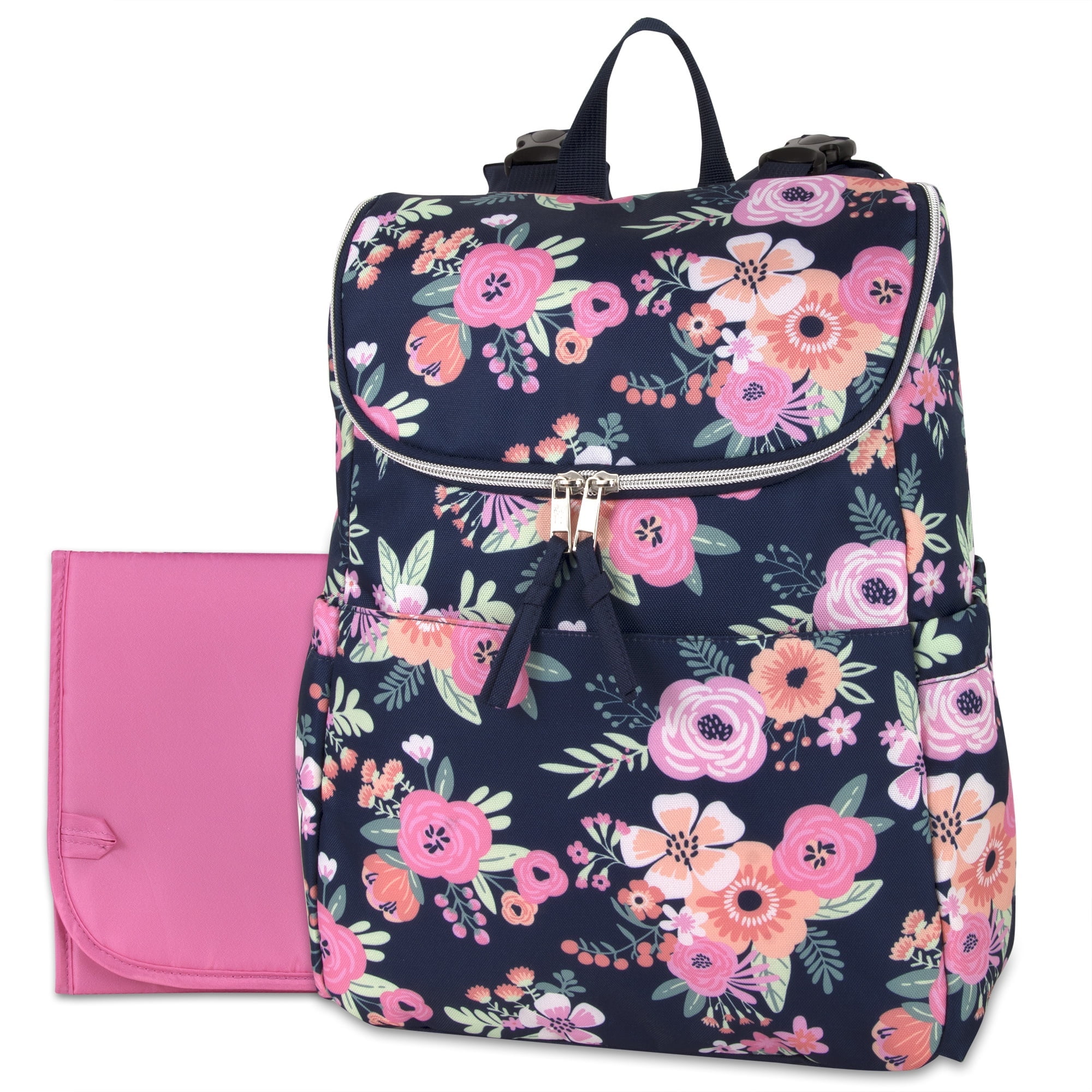 Baby Essentials 2 Piece Baby Diaper Backpack with Stroller Straps and Matching Changing Pad in Navy Blue & Baby Pink Floral