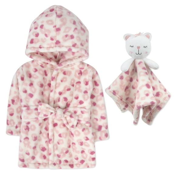 Baby Essentials Hooded Bathrobe with Tie Closure & Matching Minky Blanket Doll for Newborns, Infants and Toddlers 0 – 9 Months for Bath and Lounge in Cheerful Cheetah with Kitten