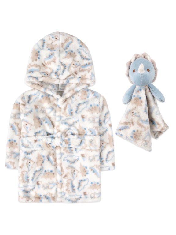 Hooded Bathrobe with Tie Closure & Matching Minky Blanket Doll for Newborns, Infants and Toddlers 0 – 9 Months for Bath and Lounge in Dynamic Dinos with Dinosaur