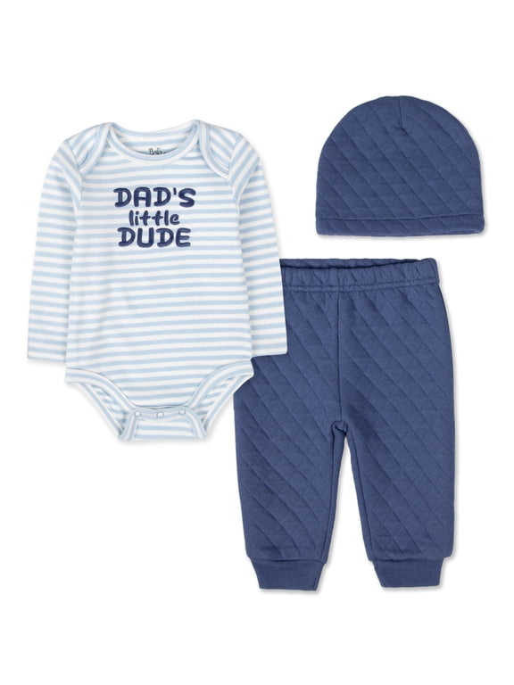 Infant Boy 3 Piece Layette Set with Bodysuit, Quilted Jogger Pants & Hat – Cozy Fall & Winter Outfit (Blue Dad’s Little Dude, 3 months)