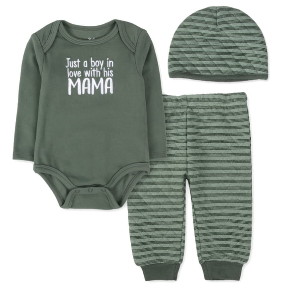 Baby Essentials Infant Boy 3 Piece Layette Set with Bodysuit, Quilted Jogger Pants & Hat – Cozy Fall & Winter Outfit (Green Just A Boy In Love With His Mama, 6 months)