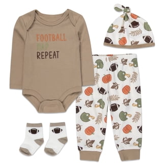 Baby Essentials Infant Boy Football Outfit Set with Bodysuit, Pants, Hat & Socks (Tan Football Nap Repeat,6 months)
