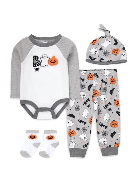 Infant Boy Halloween Outfit Set with Bodysuit, Pants, Hat & Socks (Grey Boo Ghost Pumpkin, 3 months)