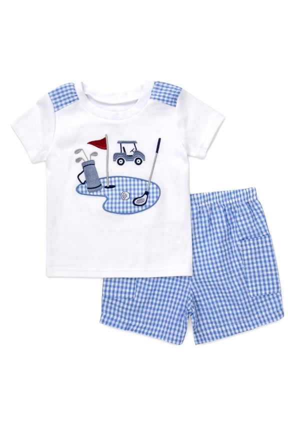Infant Boy T-Shirt and Shorts Set 2 Piece, Spring Summer Toddler Outfit (12 months,Golf Cart White Blue)