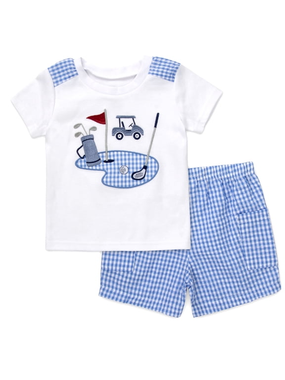Infant Boy T-Shirt and Shorts Set 2 Piece, Spring Summer Toddler Outfit (18 months,Golf Cart White Blue)