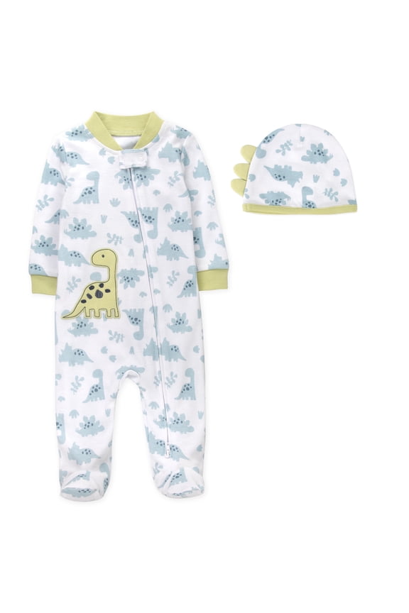 Infant Boys 3 Months Embroidered Romper Footie with Matching Hat in Green Blue Dinosaurs