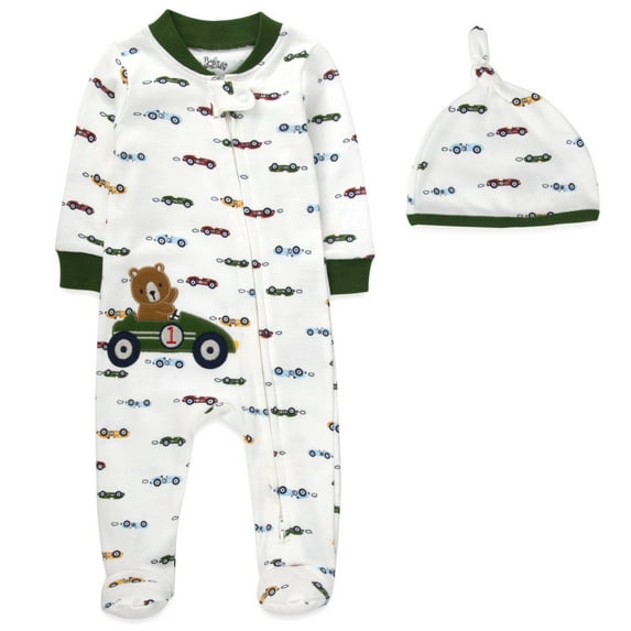 Baby Essentials Infant Boys 3 Months Embroidered Romper Footie with Matching Hat in Race Cars & Teddy Bears