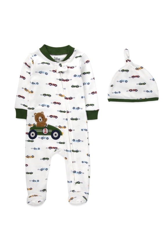 Infant Boys 6 Months Embroidered Romper Footie with Matching Hat in Green Blue Dinosaurs