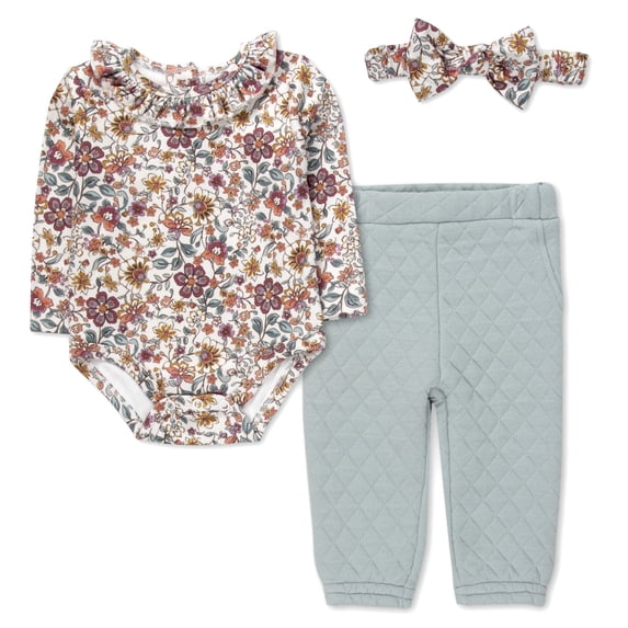 Baby Essentials Infant Girl 3 Piece Layette Set with Bodysuit, Quilted Jogger Pants & Headband – Cozy Fall & Winter Outfit (Green Floral Multi, 9 months)