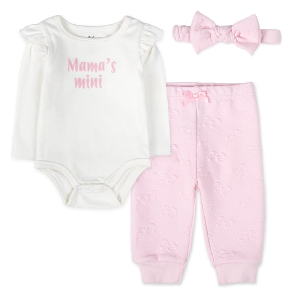 Baby Essentials Infant Girl 3 Piece Layette Set with Bodysuit, Quilted Jogger Pants & Headband – Cozy Fall & Winter Outfit (Pink Mama’s Mini, 6 months)