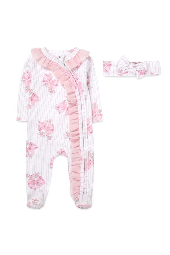 Infant Girls 9 Months Romper Footie Embroidered with Matching Headband Sleep Play Outfit in Floral Pink Bows