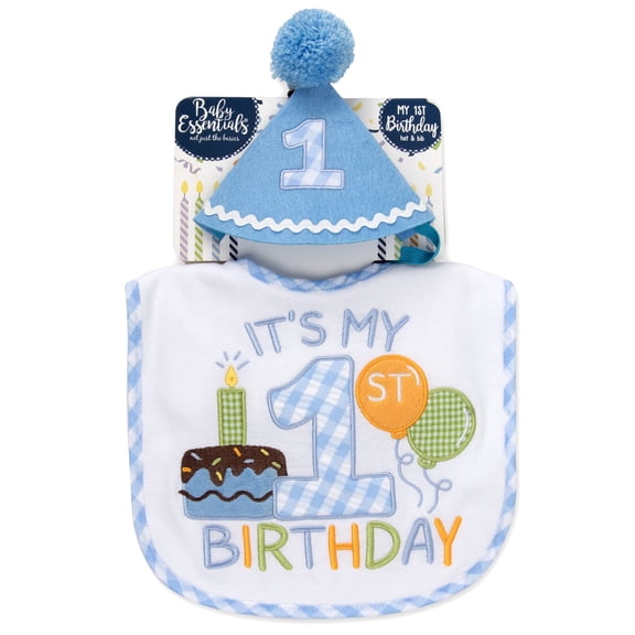 Baby Essentials Itβs My 1st Birthday Bib & Party Hat Set β Baby Boy First Birthday Outfit Accessory, Blue Birthday Gift Set