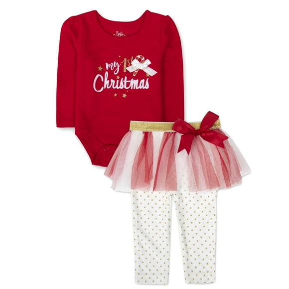Baby Essentials Long Sleeve My 1st Christmas Candy Cane Romper with Matching Gold Glitter Polka Dot Tutu Pants for Newborn & Infant Girls of 6 Months for Holiday, Celebrations & Photos