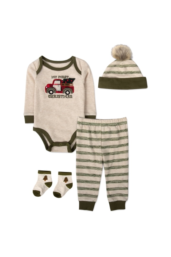 Long Sleeve My First Christmas Pickup Truck Romper with Matching Pom Pom Hat, Jogger Pants & Socks Set for Newborns & Infants of 3 Months for Holiday, Celebrations & Photos