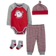 Baby Essentials Long Sleeve Embroidered My First Christmas Santa Snap Romper with Matching Beanie Hat, Jogger Pants & Socks Set for Newborns & Infants of 6 Months for Holiday, Celebrations & Photos