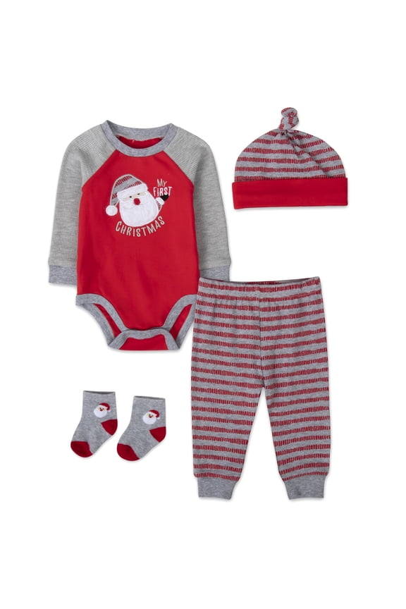 Long Sleeve Embroidered My First Christmas Santa Snap Romper with Matching Beanie Hat, Jogger Pants & Socks Set for Newborns & Infants of 6 Months for Holiday, Celebrations & Photos