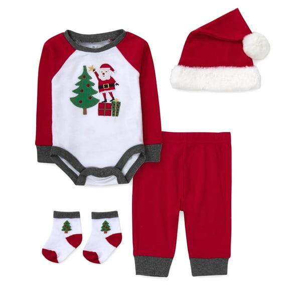 Baby Essentials Long Sleeve Embroidered Santa Claus at Christmas Tree Snap Romper with Matching Santa Hat, Jogger Pants & Socks Set for Newborns & Infants 3 Months for Holiday, Celebrations & Photos