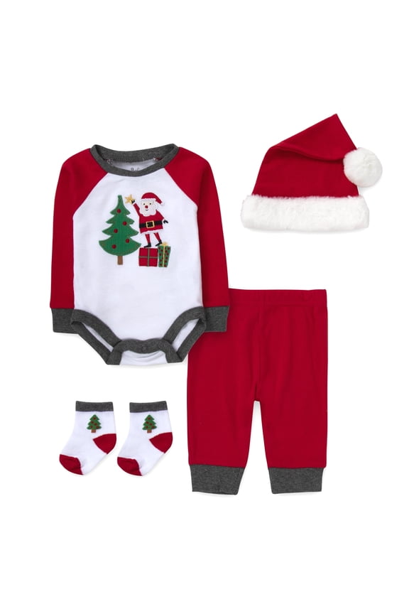 Long Sleeve Embroidered Santa Claus at Christmas Tree Snap Romper with Matching Santa Hat, Jogger Pants & Socks Set for Newborns & Infants 9 Months for Holiday, Celebrations & Photos