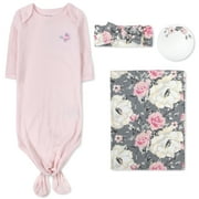 Baby Essentials Long Sleeve Knotted Coming Home Outfit with Matching Swaddle Blanket and Headband for Newborn Infant Girls for Sleep, Cuddling, Swaddling and Lounge in Heather Roses