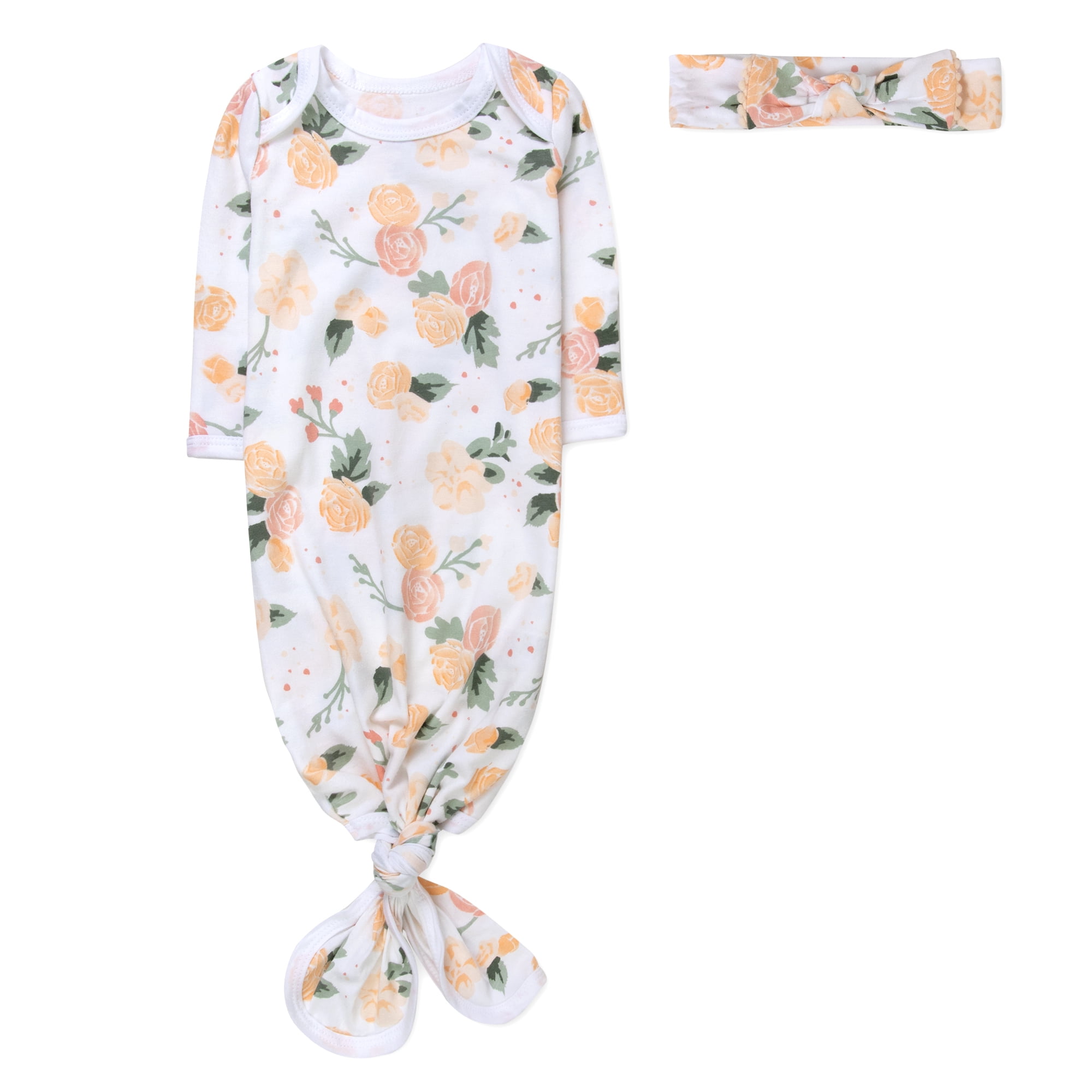 Baby Essentials Long Sleeve Knotted Patterned Sleeping Gown with Matching Headband for Newborn