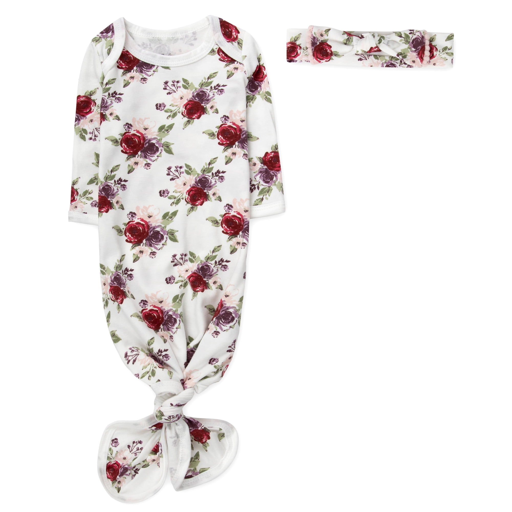 Baby Essentials Long Sleeve Knotted Patterned Sleeping Gown with Matching Headband for Newborn