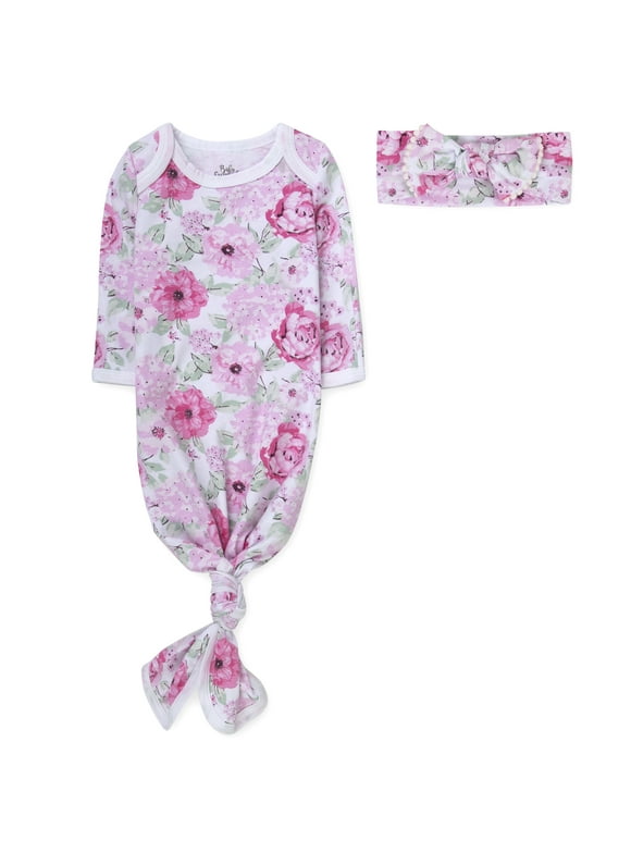 Baby Essentials Long Sleeve Knotted Patterned Sleeping Gown with Matching Headband for Newborn Infants 0 - 6 Months for Sleep, Cuddling, Swaddling and Lounge in Pink Peonies