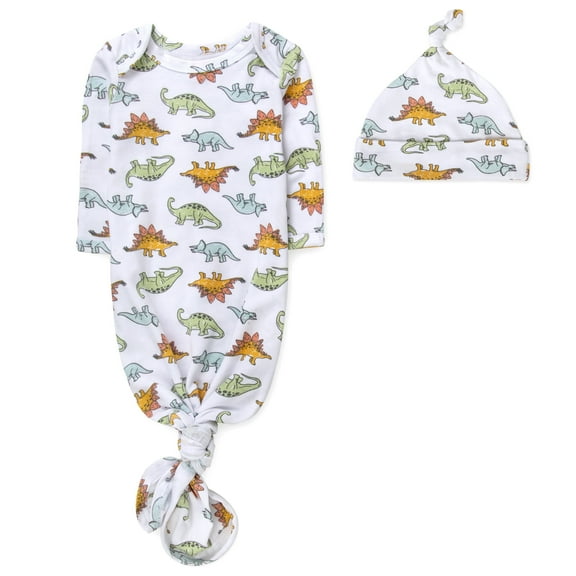 Baby Essentials Long Sleeve Knotted Patterned Sleeping Gown with Matching Night Cap for Newborn Infants 0 - 6 Months for Sleep, Cuddling, Swaddling and Lounge in Dino Party
