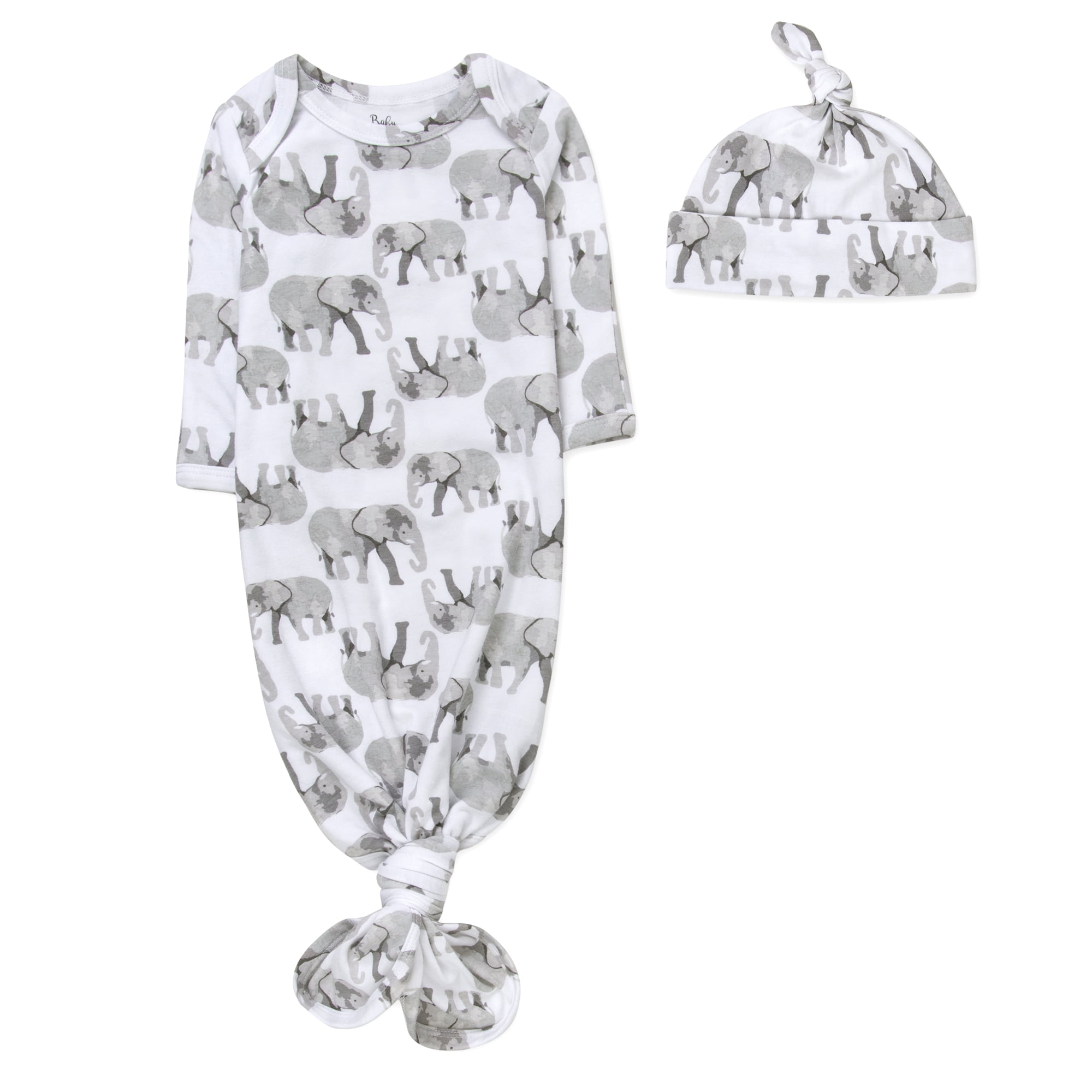 Baby Essentials Long Sleeve Knotted Patterned Sleeping Gown with Matching Night Cap for Newborn